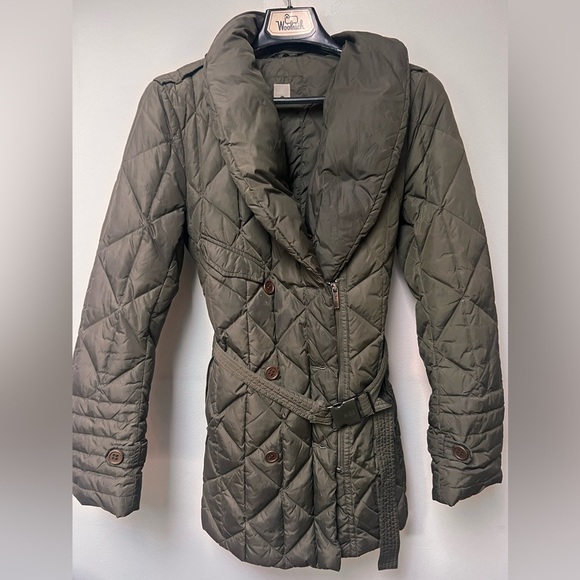 Add Down Puffer green khaki belted Coat size small - Picture 4 of 10